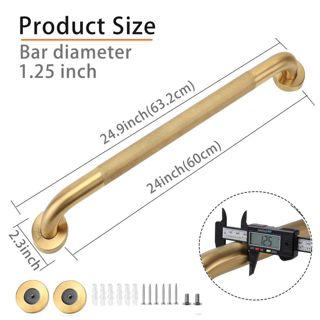 Rackickyer Shower Grab Bar, 2 Pack 24 Inch Gold Bathroom Grab Bar, 1.25" Diameter 304 Stainless Steel Anti-Slip Grab Bars for Bathtubs and Showers, Handicap Shower Grab Bar for Seniors Elderly