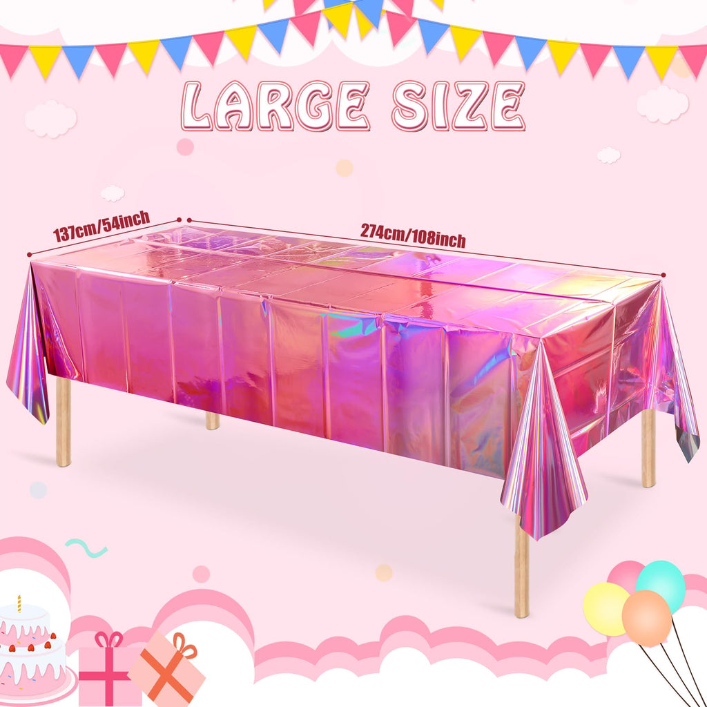 8 Pack Iridescent Pink Plastic Tablecloths, FunnyPars Shiny Disposable Laser Rectangle Table Covers, Holographic Foil Tablecloth Iridescent Party Decorations for Birthday Wedding Christmas, 54x108Inch