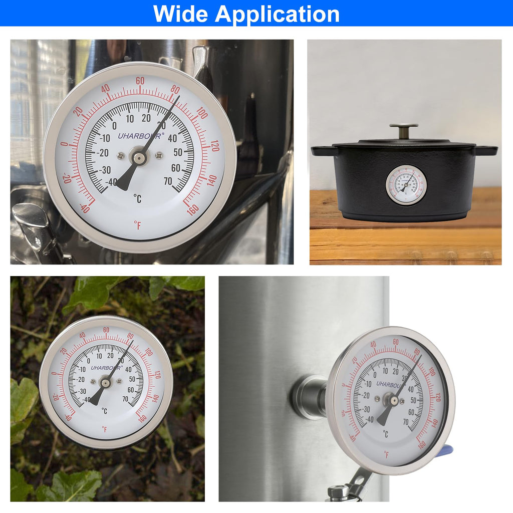 UHARBOUR Water Temperature Gauge, 3" Dial Fully StainlessSteel Water Temp Gauge, Water Thermometer with 2-1/2" Stainless Steel Stem, -40 to 160°F, 1/2" NPT Back Mount