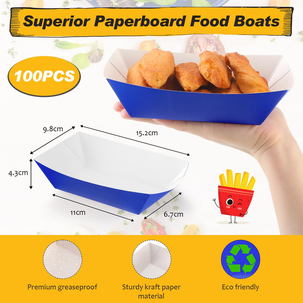 Yinkin 100 Pcs 2lb Paper Food Trays Boat 2lb Disposable Nacho Trays Kraft Paper Boat for Tacos Concession Halloween Christmas Party Supplies (Blue)