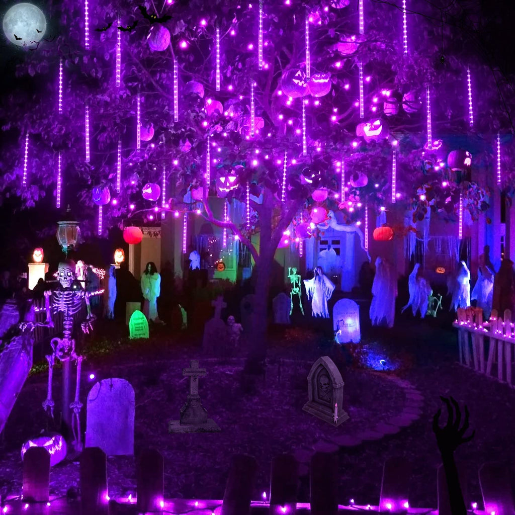 JMEXSUSS 2 Pack Purple Solar Halloween Lights, 16 Tube 288 LED Solar Meteor Shower Rain Lights, Solar Christmas Lights Outdoor Waterproof for Tree Halloween Christmas Decorations