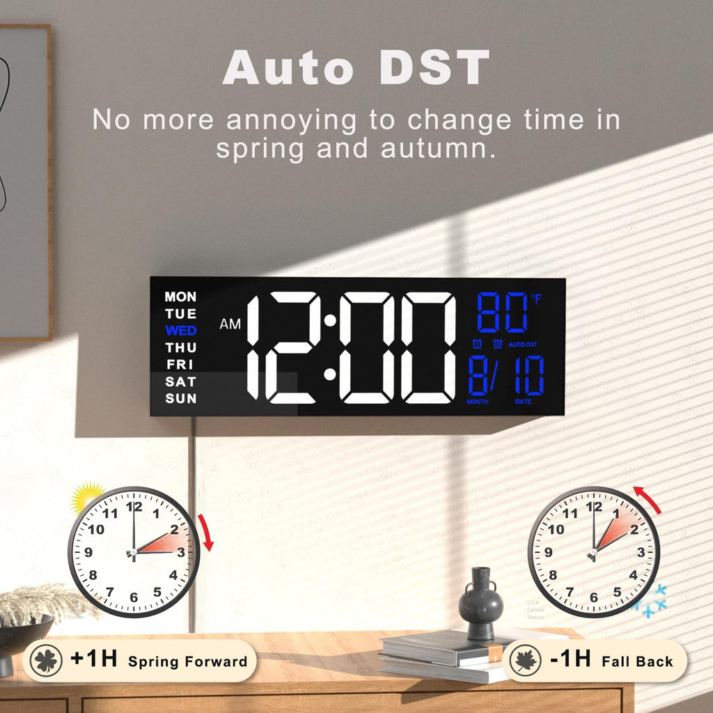 JALL 16" Large Digital Wall Clock Timer, Remote Controll, 2 Alarms, LED Display, 8 RGB Color, Auto DST, Temperature for Living Room, Bedroom, Desk, Mounted, Gift for Elderly (White Blue, 16 inches)