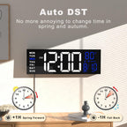JALL 16" Large Digital Wall Clock Timer, Remote Controll, 2 Alarms, LED Display, 8 RGB Color, Auto DST, Temperature for Living Room, Bedroom, Desk, Mounted, Gift for Elderly (White Blue, 16 inches)