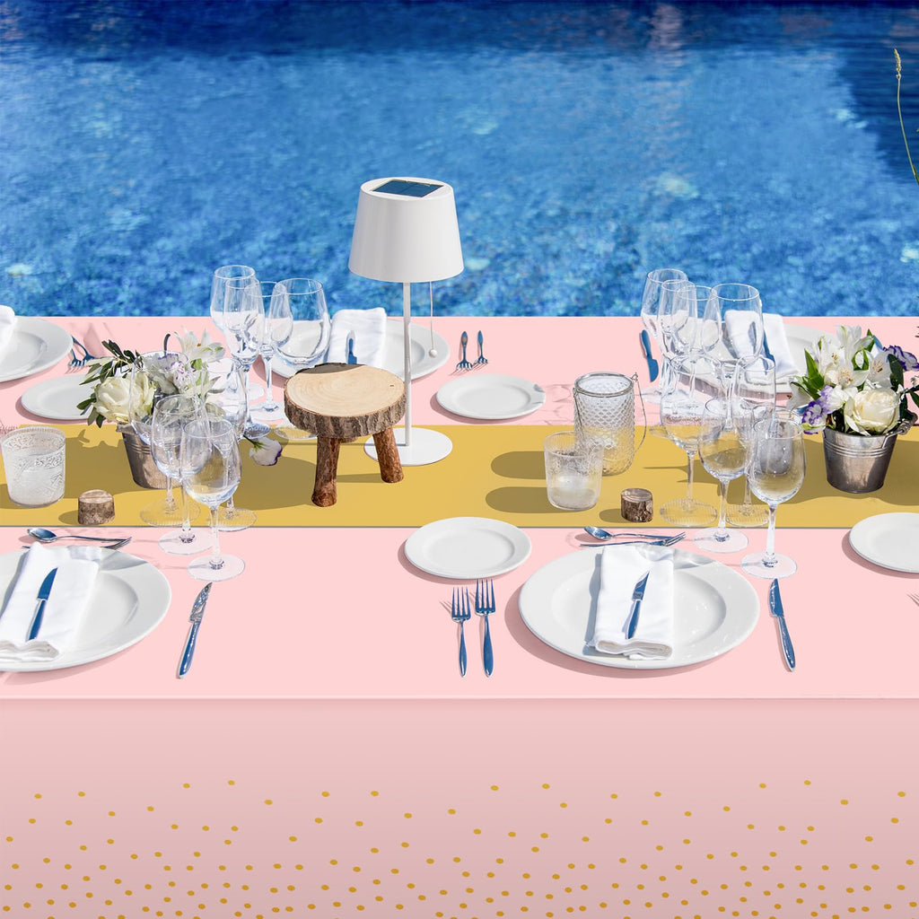 8Pack Disposable Plastic Tablecloths and Satin Table Runner Set Pink and Gold Dot Tablecloth Gold Satin Table Runner for Wedding Birthday Baby Shower Anniversary Christmas New Year Party Supplies
