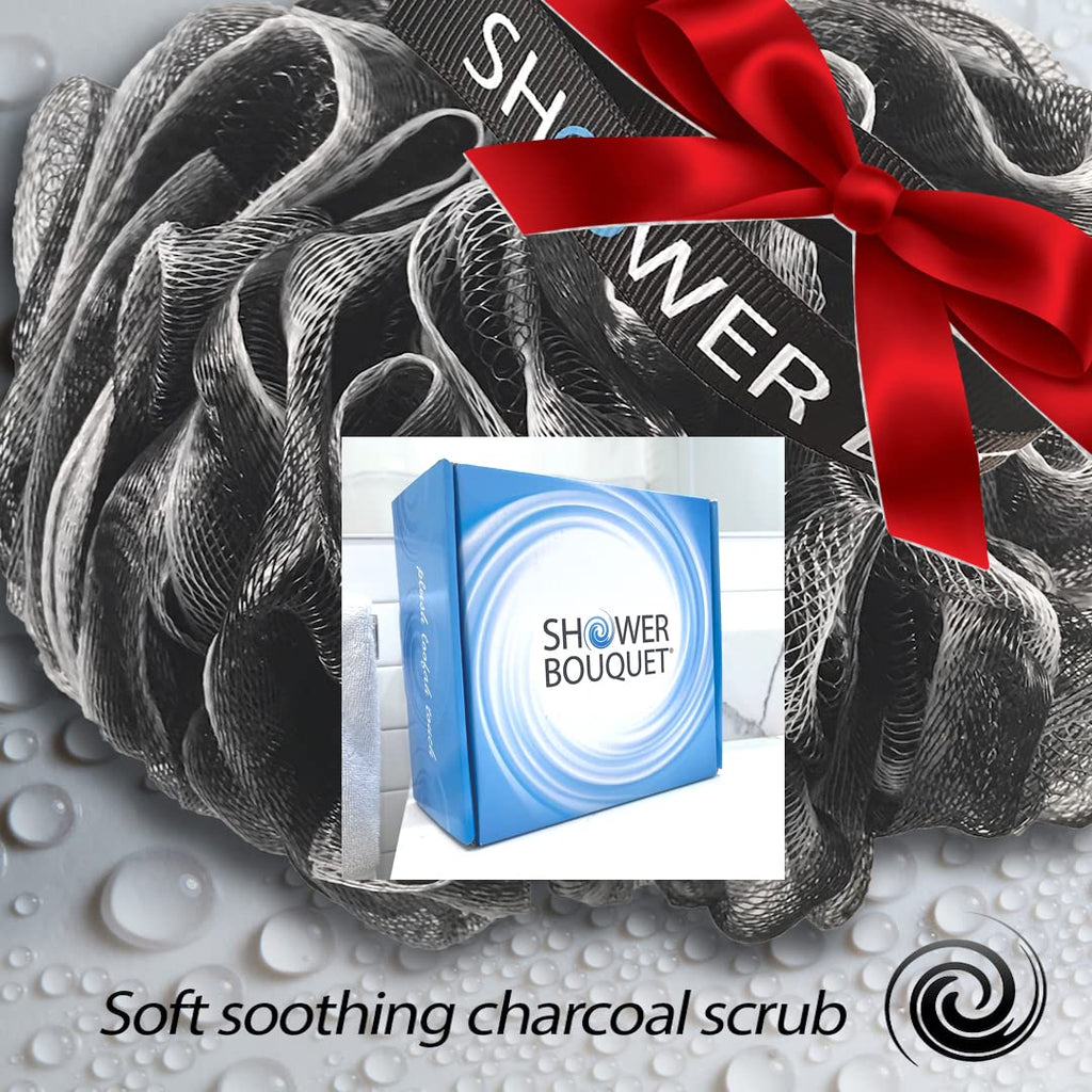Loofah-Charcoal Bath-Sponge XL-75g-Set by Shower Bouquet: 4-Pack, Extra Large Mesh Pouf Soft Scrubber for Men and Women - Exfoliate with Big Black & White Gentle Cleanse in Beauty Bathing Accessories