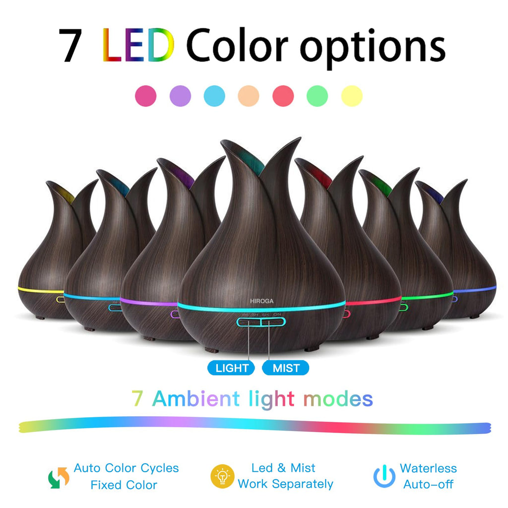 HIROGA Essential Oil Diffuser for Essential Oils Large Room, Top 10 Oils Gift Set, 400ml Ultrasonic Aroma Diffuser with Remote Control,Timer, 15Colors Light Humidifier for Bedroom Home Office Hotel
