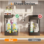 Simple Trending Under Sink Organizer 2 Pack, 2 Tier Cabinet Organizer with Sliding Basket, Multi-Purpose Sink Storage Basket with 4 Hooks for Kitchen Bathroom, Black