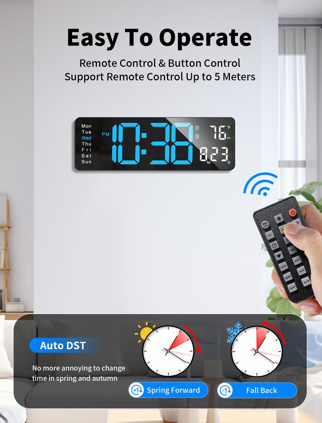 MASHI Digital Wall Clock, 17.3" Large Display Digital Clock with Remote Control, Auto-Dimming Wall Clock with Night Light, DST, Date Week,Temp for Living Room, Bedroom, Decor, Gift for Elderly