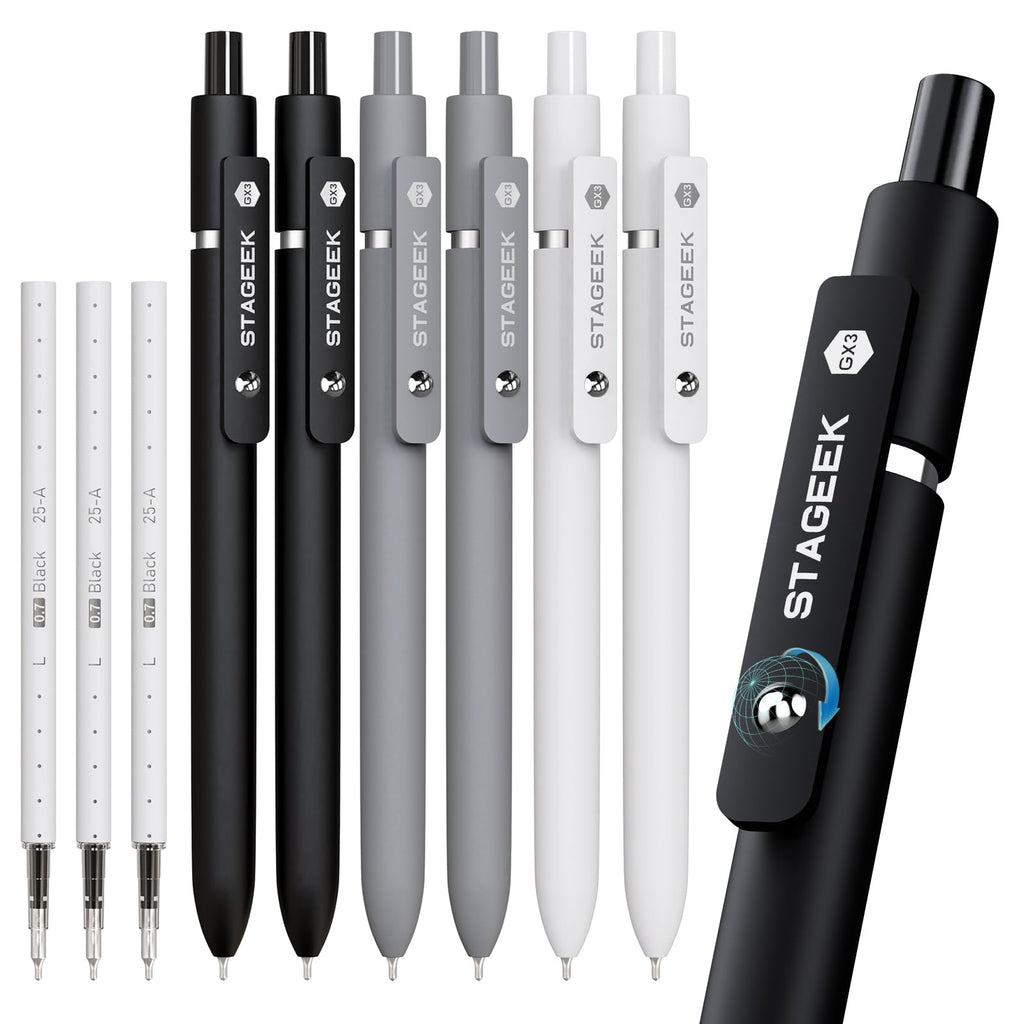 Black Gel Pens GX3, 6 Pcs Fine Point Smooth Writing Pens with 3 Extra Refills, Quick Dry Black Ink Pens for Journaling, Office, Note Taking, School Supplies, Nurse Aesthetic(Black Gray White)