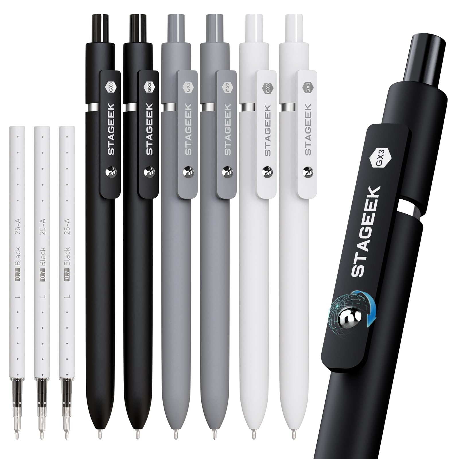 Black Gel Pens GX3, 6 Pcs Fine Point Smooth Writing Pens with 3 Extra Refills, Quick Dry Black Ink Pens for Journaling, Office, Note Taking, School Supplies, Nurse Aesthetic(Black Gray White)