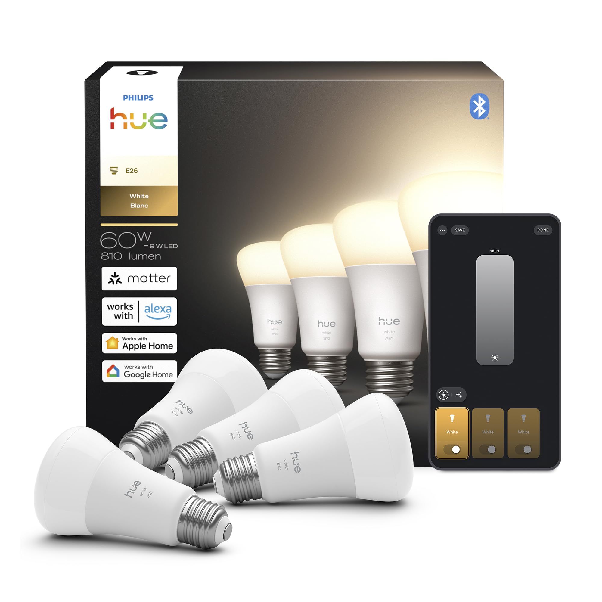 Philips Hue Smart LED A19 Bulb 4-Pack, Warm White Light 2700K, E26 Base, 9W, 810 Lumens, Dimmable LED Bulbs, Works with Alexa, Google Assistant, and Apple Home