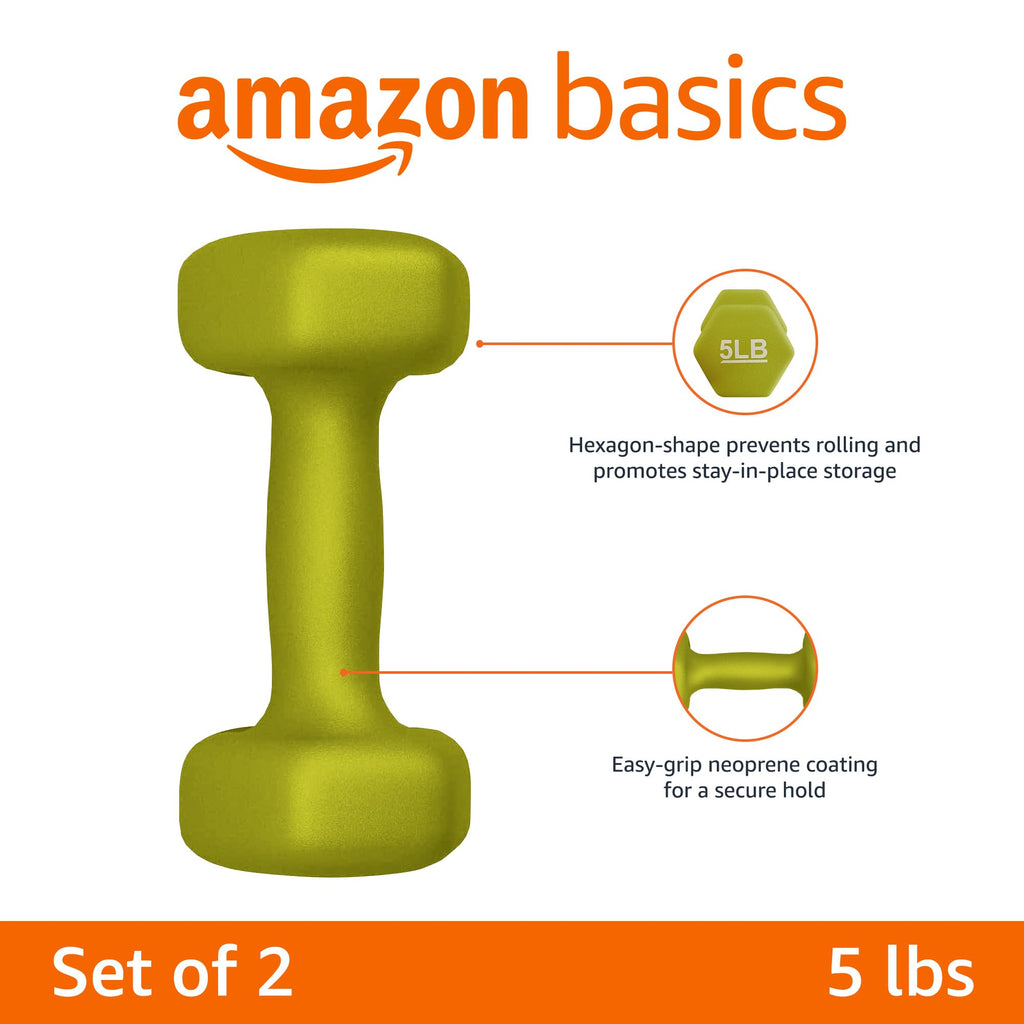 Amazon Basics Neoprene Coated Dumbbell Hand Weight Set, 5 pound each, Set of 2, 10 pounds, 2.27 Kilograms, Green
