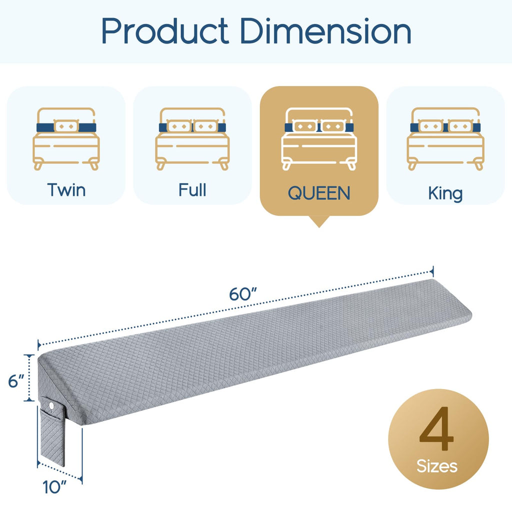 Queen Size（60"x10"x6"） Bed Wedge Pillow for Headboard - Upgraded Bed Gap Filler Queen Between Mattress and Headboard - Triangle Pillow - Grey