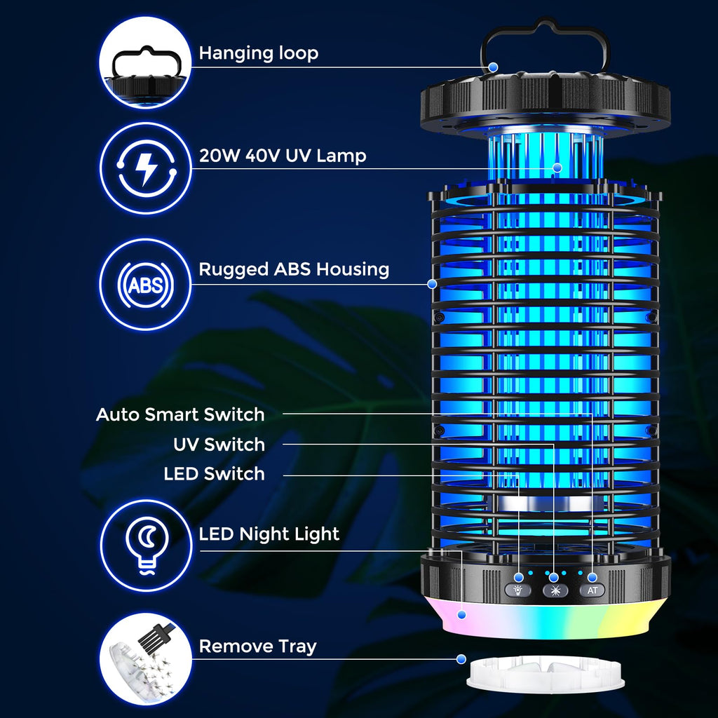 CreateFun Bug Zapper Outdoor, 2026 Upgraded 3 in 1 Rechargeable Bug Zapper with 5000mAh Battery & LED Night Light, 4000V Cordless Waterproof Mosquito Zapper for Outside,Patio,Backyard,Garden Black