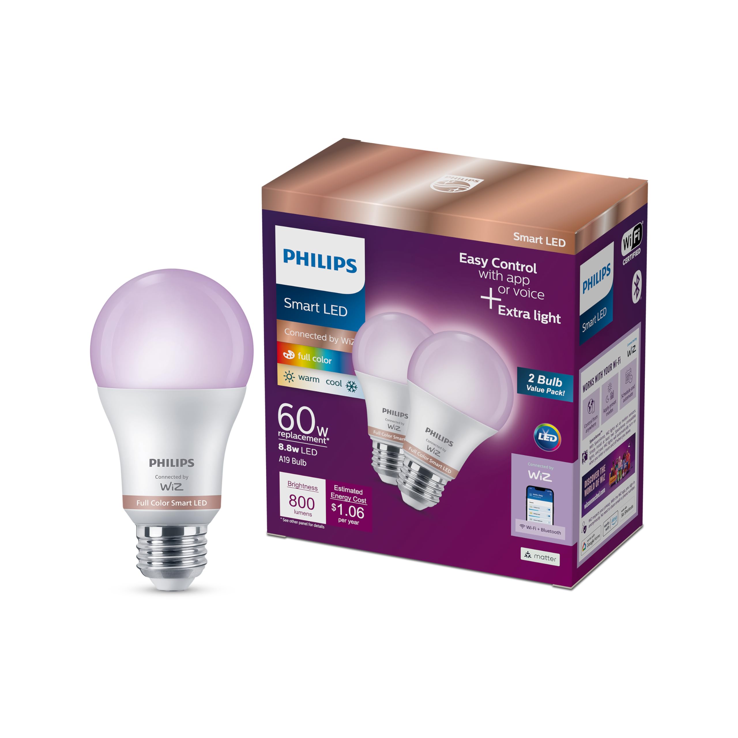 Philips Smart Lighting Connected Light Bulbs, 2-Pack, Color A19 60W 800LM E26 Indoor LED Lights, Smart Bulbs with Motion Detection, Control with Voice or App