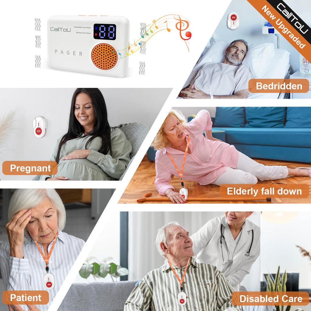 CallToU Caregiver Pager Wireless Call Button Vibration Call Bell Nurse Call System 1000FT for Home/Elderly/Patient/Disabled 1 Battery Receiver 1 Call Button with Digital Display Low Power Reminder