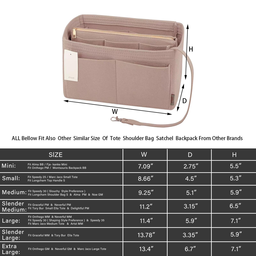 Purse Organizer Insert, Felt Bag Organizer with Metal Zipper, Handbag & Tote Shaper, For Speedy Neverfull Tote, 7 Sizes(Medium, Beige)