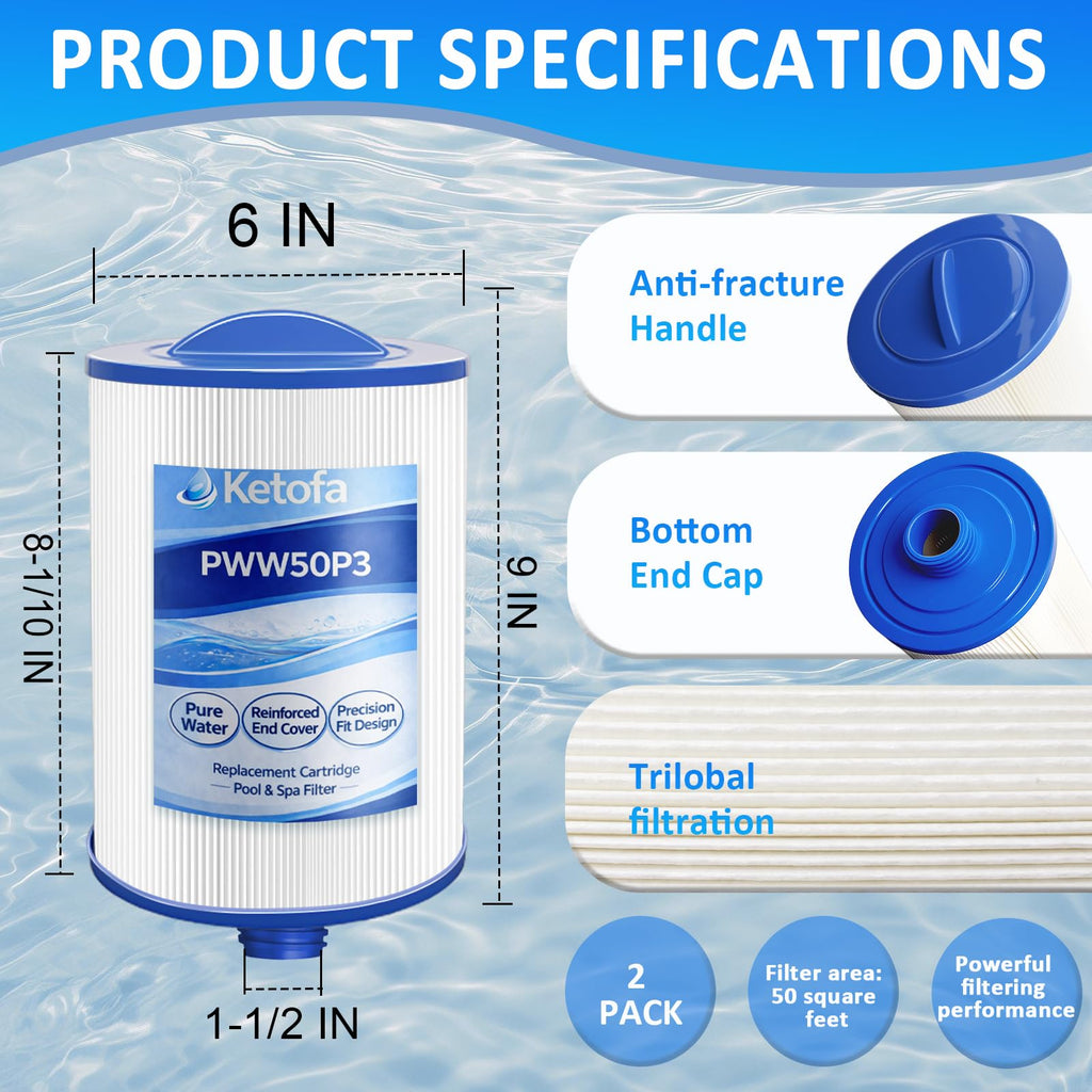 PWW50P3 Filter for Compatible with Pleatco Spa Hot Tub, PWW50P3 (1 1/2" Coarse Thread) Spa Filter Compatible with Unicel 6CH-940 Filbur FC-0359 Waterways 817-0050 Front Access Skimmer Aber Hot Tubs