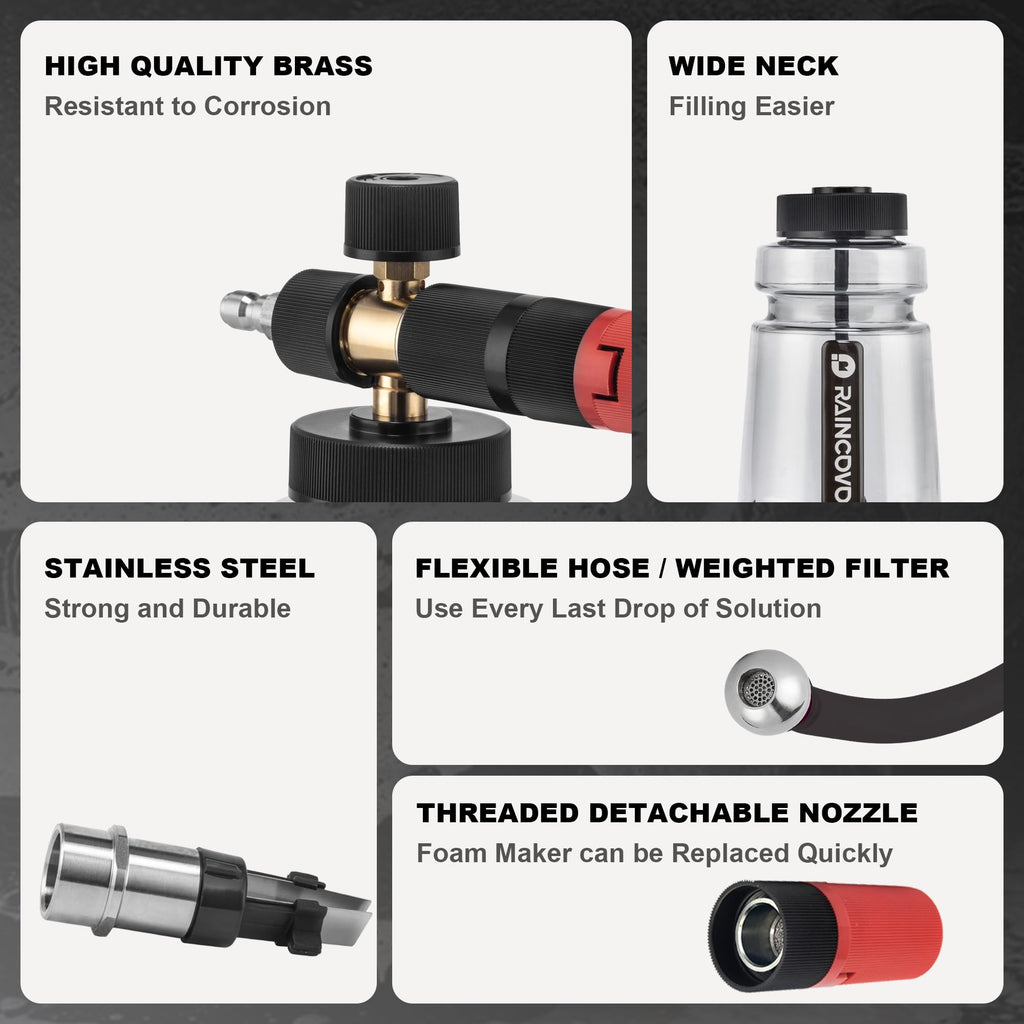Raincovo Foam Cannon Wide Mouth for Pressure Washer, Thick Snow Foam Lance for Car Wash, Adjustable Soap Cannon with 1/4 Inch Quick Connector, Additional 1.1mm Orifice Nozzle