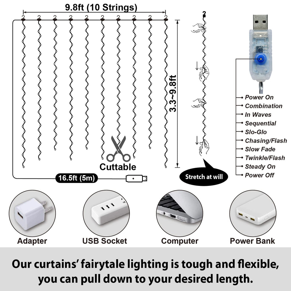 HXWEIYE 300LED Blue Fairy Curtain Lights with Remote 8 Modes Timer for Bedroom, 9.8x9.8Ft USB Plug in Christmas Fairy Hanging String Lights for Outdoor, Weddings, Party, Garden, Wall, Decorations
