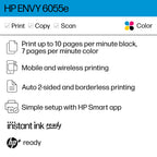 HP ENVY 6055e Wireless Color Inkjet Printer, Print, scan, copy, Easy setup, Mobile printing, Best-for-home, 3 months of Instant Ink included,white