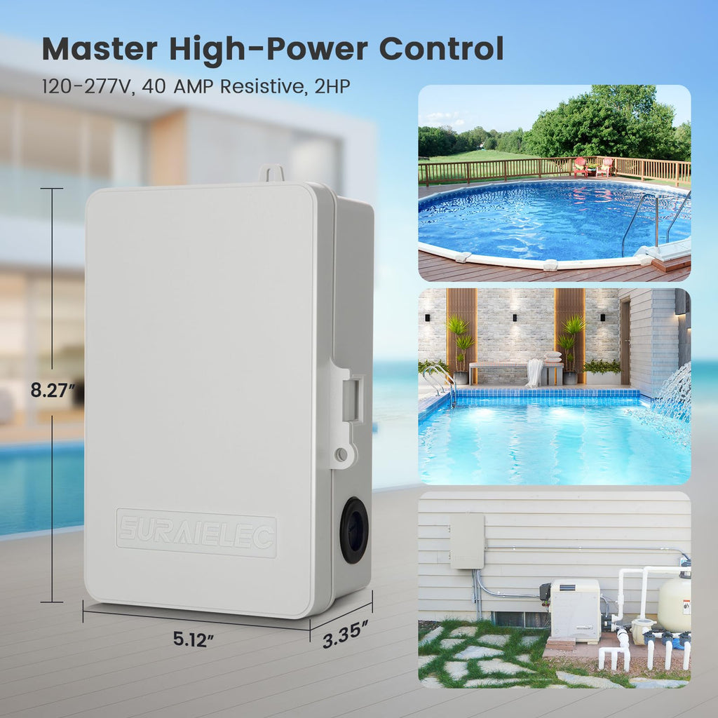 SURAIELEC Pool Timer, 7-Day Digital Pump Timer Switch, 40 AMP Heavy Duty, 120/240/277 VAC, 2HP Programmable Switch Box for Swimming Pool, Hot Water Heater, Lights, Outdoor/Indoor Use
