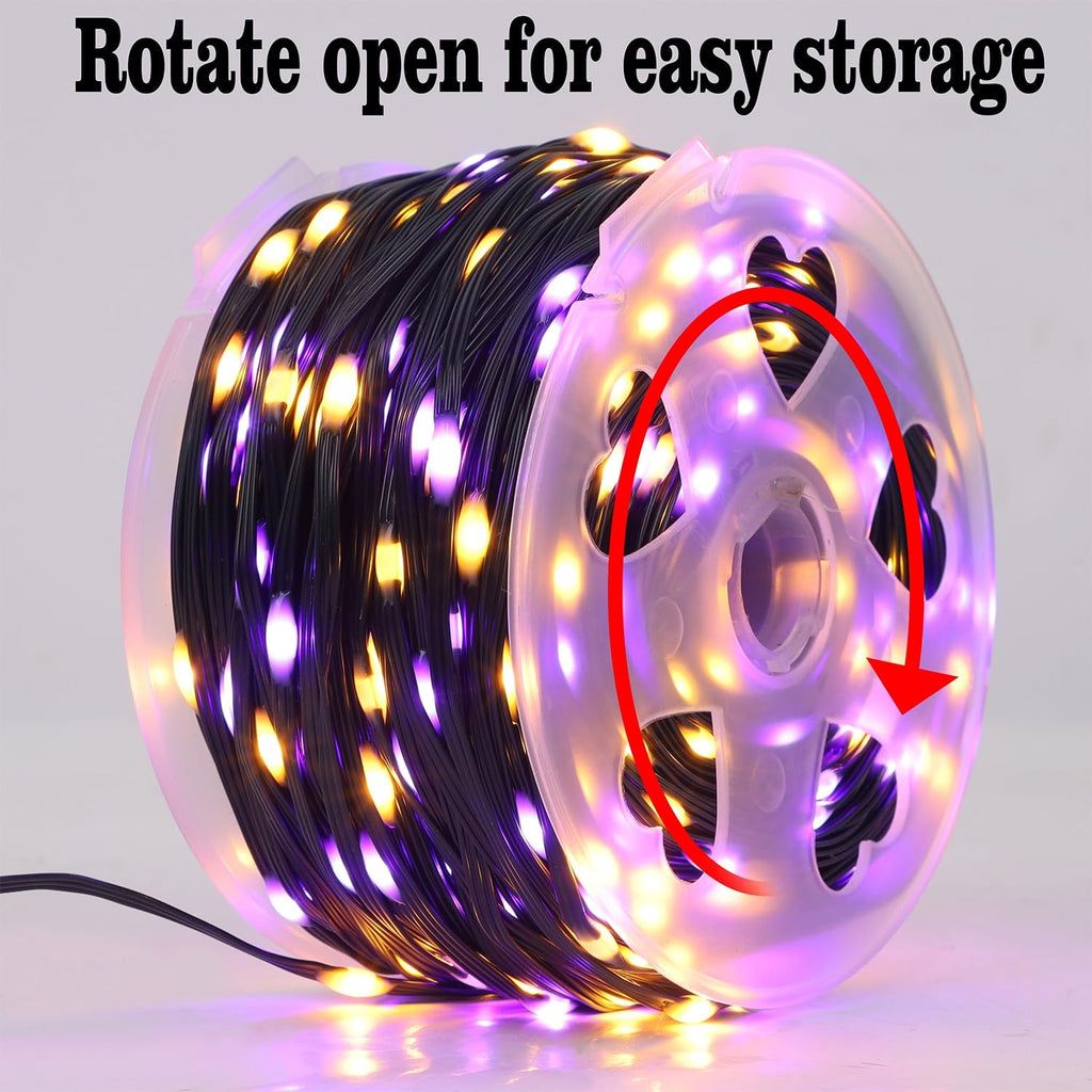 WATERGLIDE Extra Long 328FT Halloween Lights, 1000 LED Outdoor Fairy String Lights, Green PVC Copper Wire Christmas Lights, Plug in 8 Modes & Waterproof for Tree Party Home Yard Decor, Orange&Purple