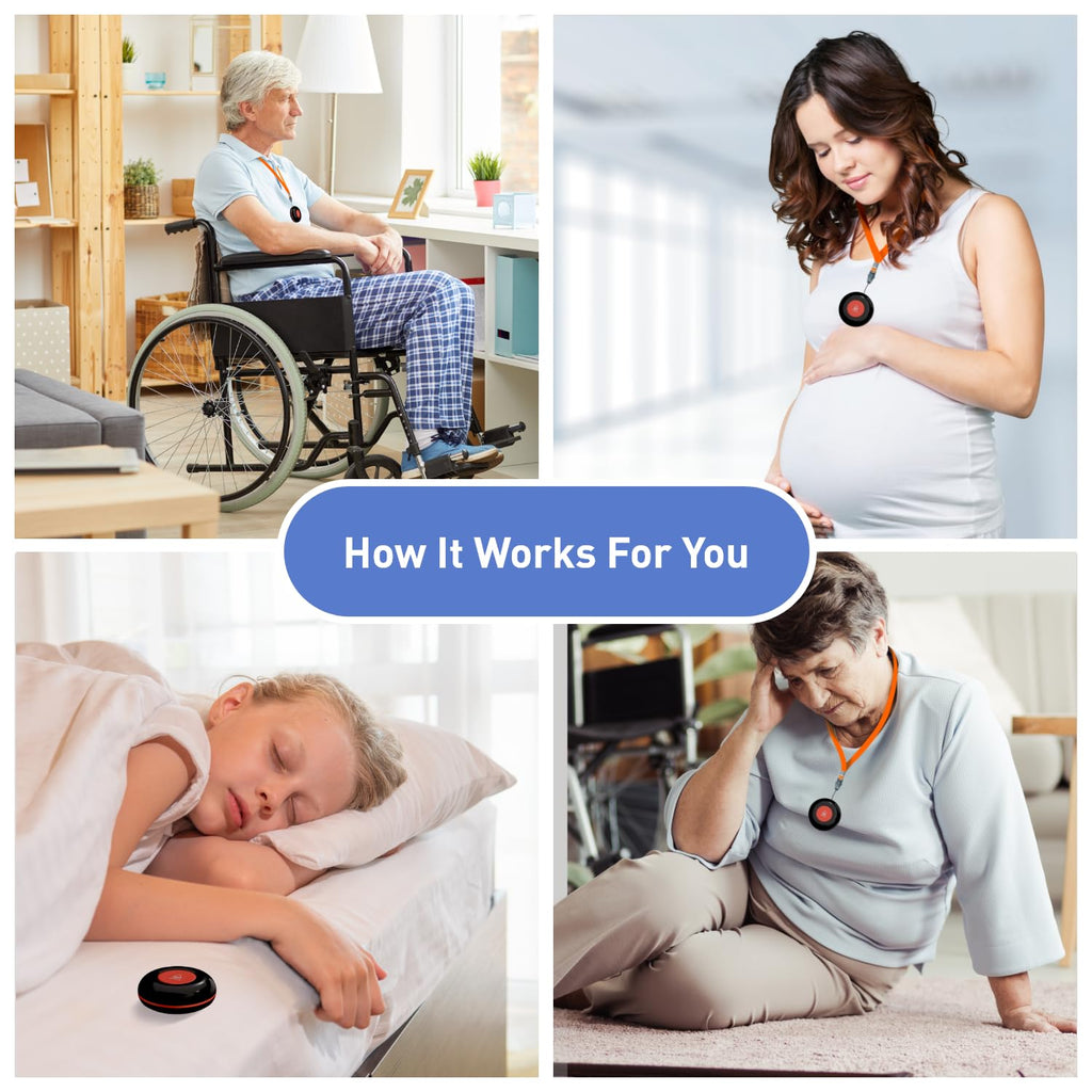 CallToU Wireless Caregiver Pager Call Button Nurse Calling Alert System Call Bell Elderly Patient Disabled with 2 Transmitters 1 Plug-in Receiver 1 Battery Portable Receiver