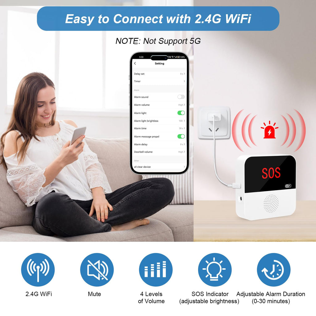 WiFi Caregiver Pager Call Button Life Alert Systems for Seniors No Monthly Fee Emergency Button for Elderly Patient Disabled 1 Alert Watch 1 Receiver(only Supports 2.4GHz & No Monthly Fee)