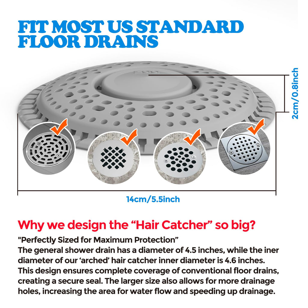 Shower Drain Hair Catcher, 2 Pack Premium Silicone Drain Protector & Shower Drain Cover for Regular Drains of Shower Room, Bathroom, Sink, Gray