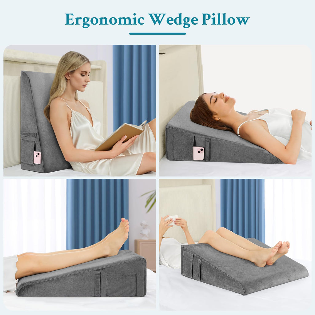 Domusensus Wedge Pillow for Sleeping, 7.5" Bed Wedge Pillow for After Surgery, Triangle Pillow Wedge for Heartburn, Acid Reflux, GERD, Back Pain Relief, Neck Pain, Soft & Cooling Memory Foam Top