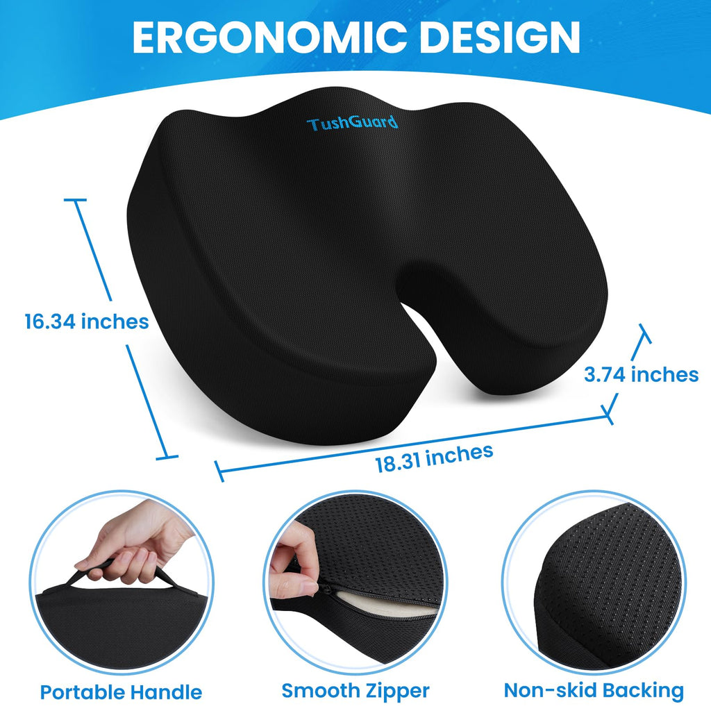TushGuard Seat Cushion for Office Chair Memory Foam Non-Slip Cushion Back, Relief Chair Pad, Butt Pillow for Office, Car, Computer Desk, Black, X-Large