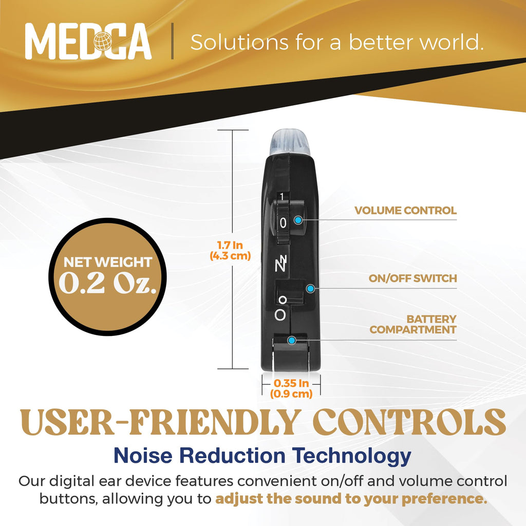 Behind the Ear Sound Amplifier - BTE Hearing Ear Amplification Device and Digital Hearing Aids for Seniors PSAD for the Hard of Hearing, Noise Reducing, Black, By MEDca