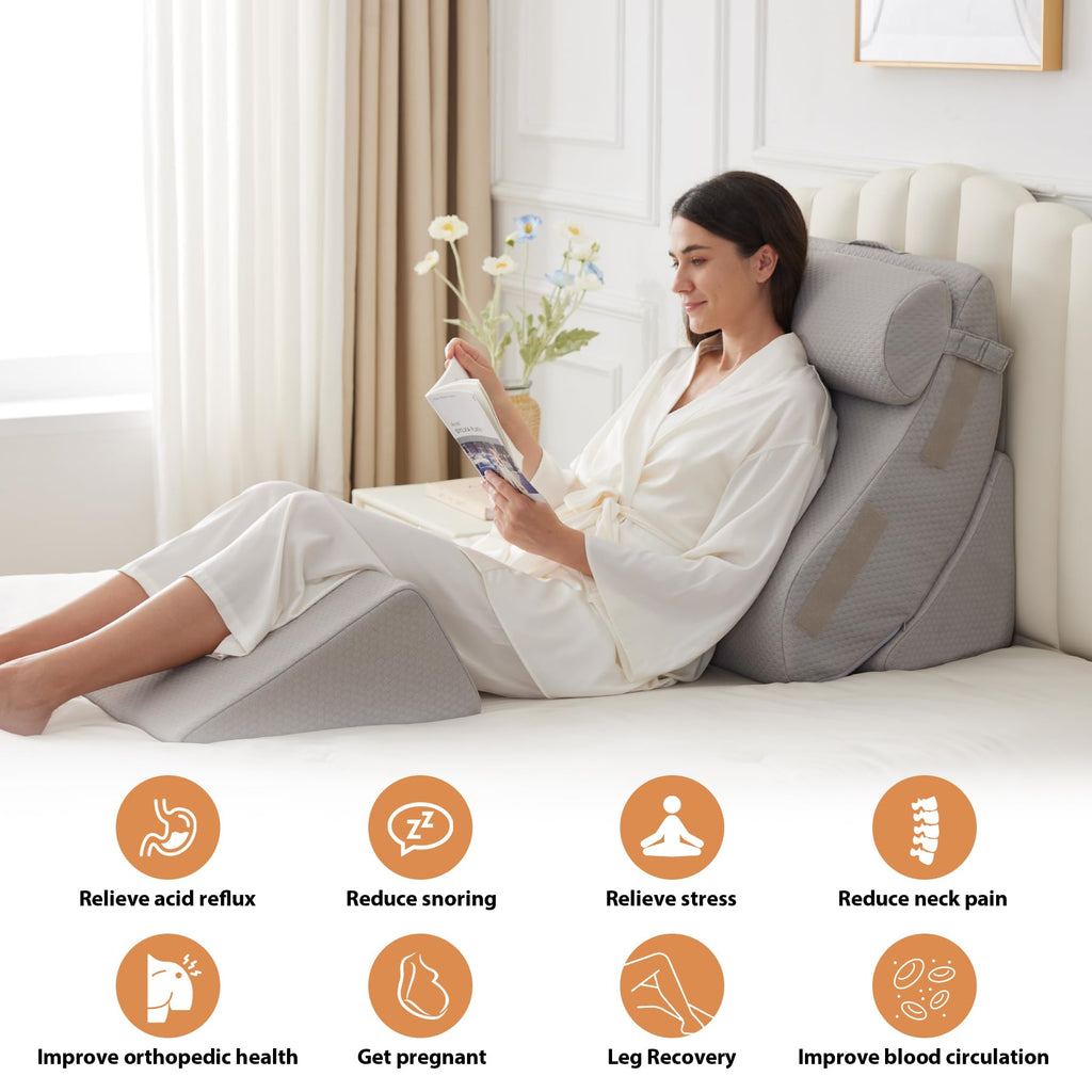 4PCS Wedge Pillow Set for After Surgery, Orthopedic Bed Wedge Pillow for Back Pain Relief, Sitting up in Bed,Recovery, Acid Reflux, Snoring, Body Pillow for Sleeping,Leg,Shoulder Support, Grey