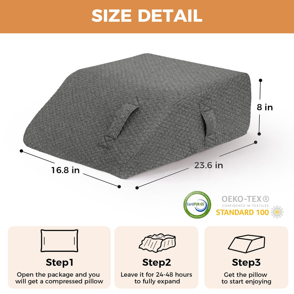 BIEEZZK Leg Pillow Elevation Blood Circulation, Pillow for Legs Pain Relief, Leg Wedge Pillow for After Surgery, Swelling, Leg Elevating Pillows with Cover and Handle, 23.6×16.8×8 Inch, Dark Grey