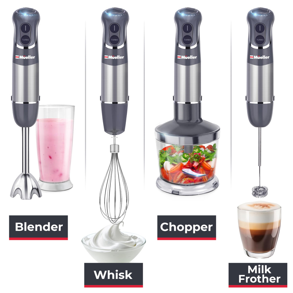 Mueller Multistick 800W 4-in-1 Immersion Blender Handheld, 12 Speed Hand Mixer - Turbo Boost, Heaviest Duty Copper Motor, Titanium Blades Hand Blender, Milk Frother Wand, Whisk, Beaker, Chopper