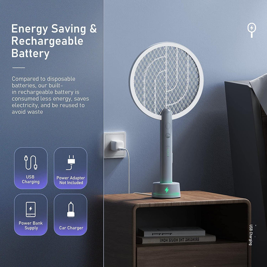 Electric Fly Swatter Racket, Mosiller 4000V 2 in 1 Bug Zapper with USB Rechargeable Base, Powerful Mosquitoes Trap Lamp & Fly Killer with 3-Layer Safety Mesh for Home, Bedroom, Kitchen, Patio（2 Pack）