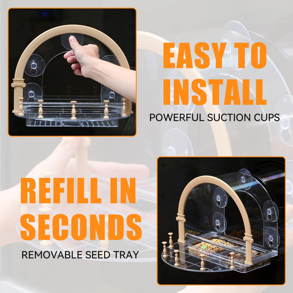 HCGADON Large Window Bird Feeders with 5 Strong Suction Cups - Wild Bird Feeders for Viewing - Outdoor Birdhouse with Unique Greek Theater Style Design - Perfect for Elderly Viewing