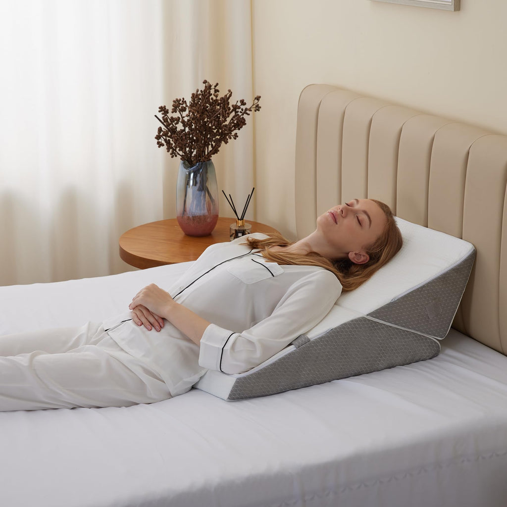Bedluxe Wedge Pillow for Sleeping, Adjustable 9&12 Inch Foldable Bed Wedge Pillow Set, Orthopedic Memory Foam Triangle Pillow Wedge, 7-in-1 Elevated Pillows for Leg and Back Support, White/Grey