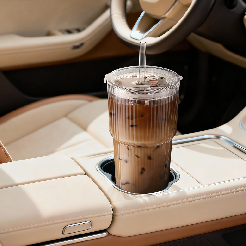 Iced Coffee Cups with Lids: Coffee Bar Accessories - Ribbed Glass Tumbler with Straw and Lid 4Pcs - 20oz Leak Proof Tumbler - Reusable Glass Cups and Tumblers with Lid and Straws for To Go Iced Coffee