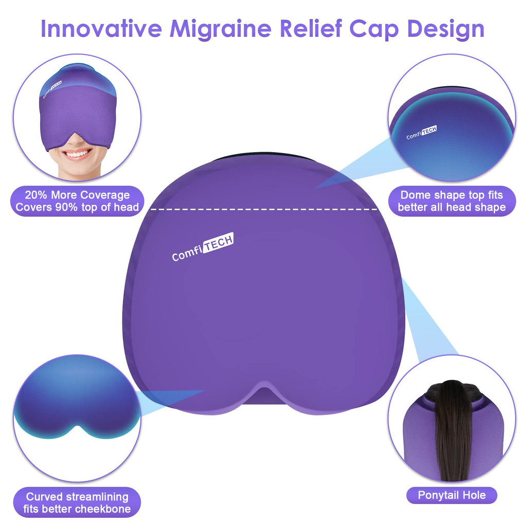 ComfiTECH Large Migraine Ice Head Wrap, Headache Relief Hat for Migraine Cap for Tension Puffy Eyes Migraine Relief Cap for Sinus Headache and Stress Relief Cold Compress (Large Purple)