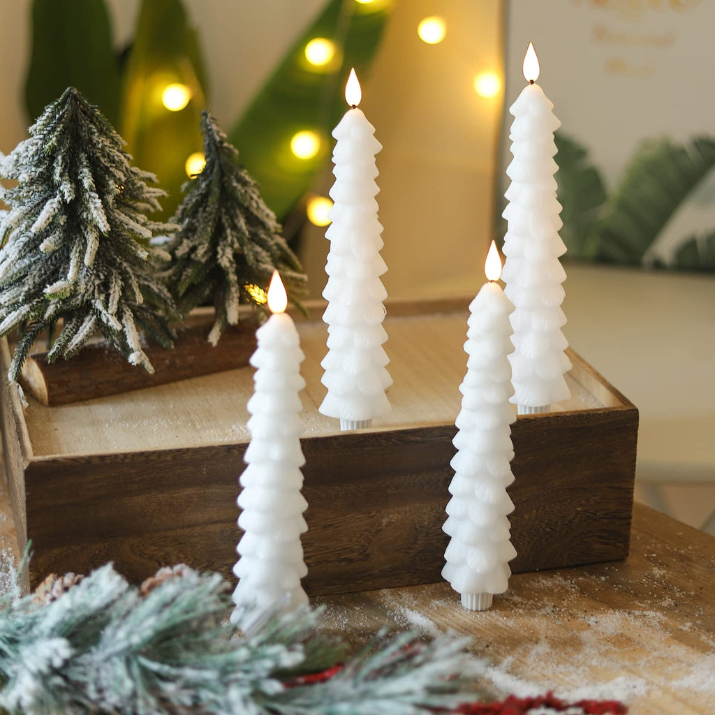 Fo32won Snowy White LED Flameless Taper Candles Battery Operated with Remote and Timer, Set of 4 Christmas Real Wax Window Candlesticks with 3D Flame Wick, 10 Inches Flickering Christmas Candlesticks