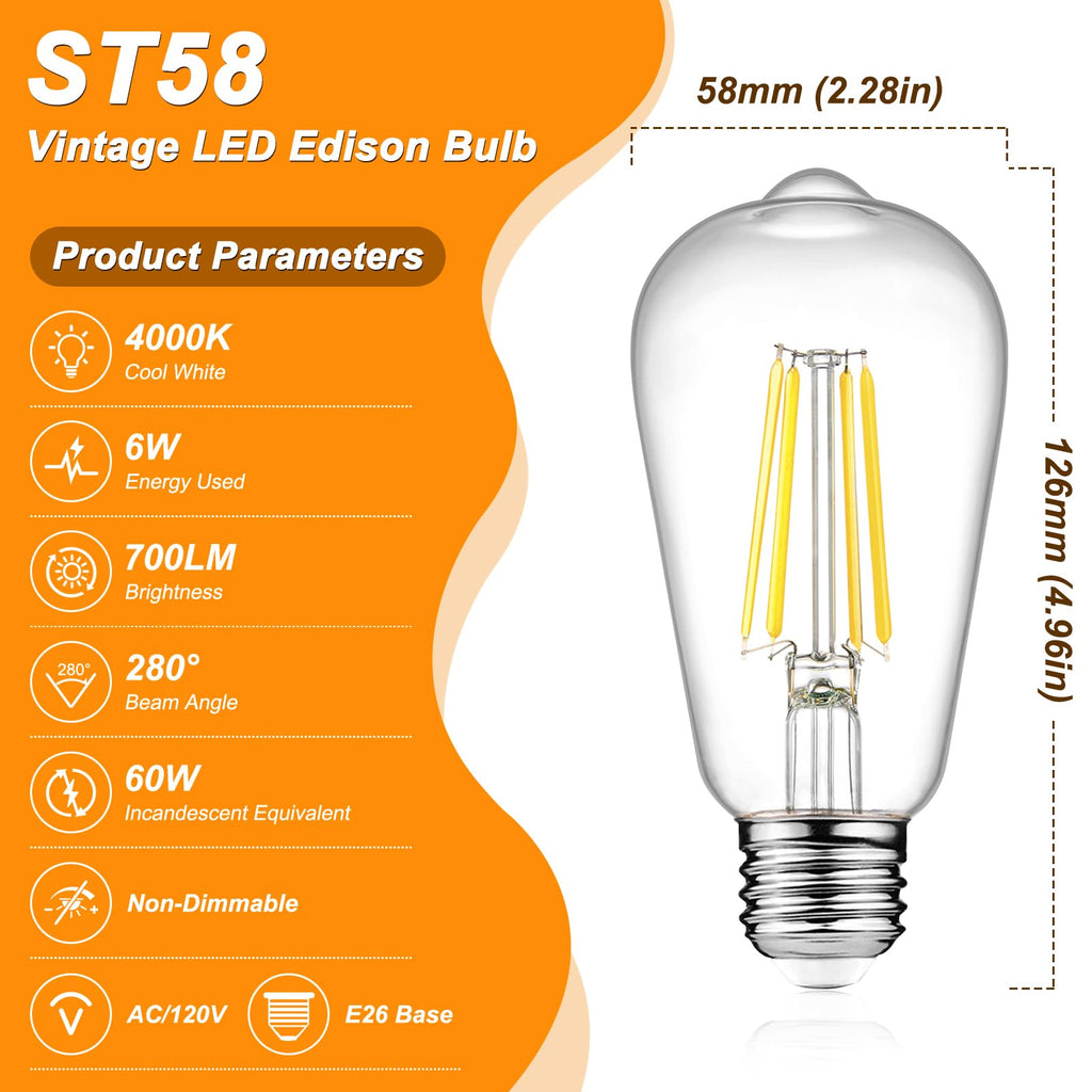 Ascher Vintage LED Edison Bulbs, 6W, Equivalent 60W, Non-Dimmable, High Brightness Cool White 4000K, ST58 Antique LED Filament Bulbs with 80+ CRI, E26 Medium Base, Clear Glass, Pack of 6