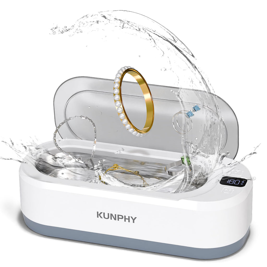 KUNPHY Ultrasonic Jewelry Cleaner, Jewelry Cleaner Machine 12oz 46KHz, Professional Sonic Cleaner with One-Touch Operation, Ultrasonic Cleaner for Rings, Glasses, Jewelry, Dentures White