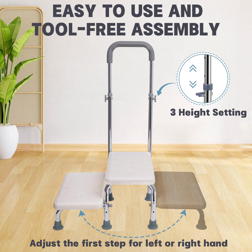 2 Step Stool with Handle for Elderly - Non-Slip Bedside Steps with Adjustable Handrail (450 lbs Capacity)