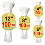 White Zip Ties Assorted Sizes 4+6+8+12 Inch, 400 Pack, Clear Zip Ties, White Cable Ties, Zipties Clear, UV Resistant Wire Ties, Plastic Ties, Tie Wraps Assorted Sizes
