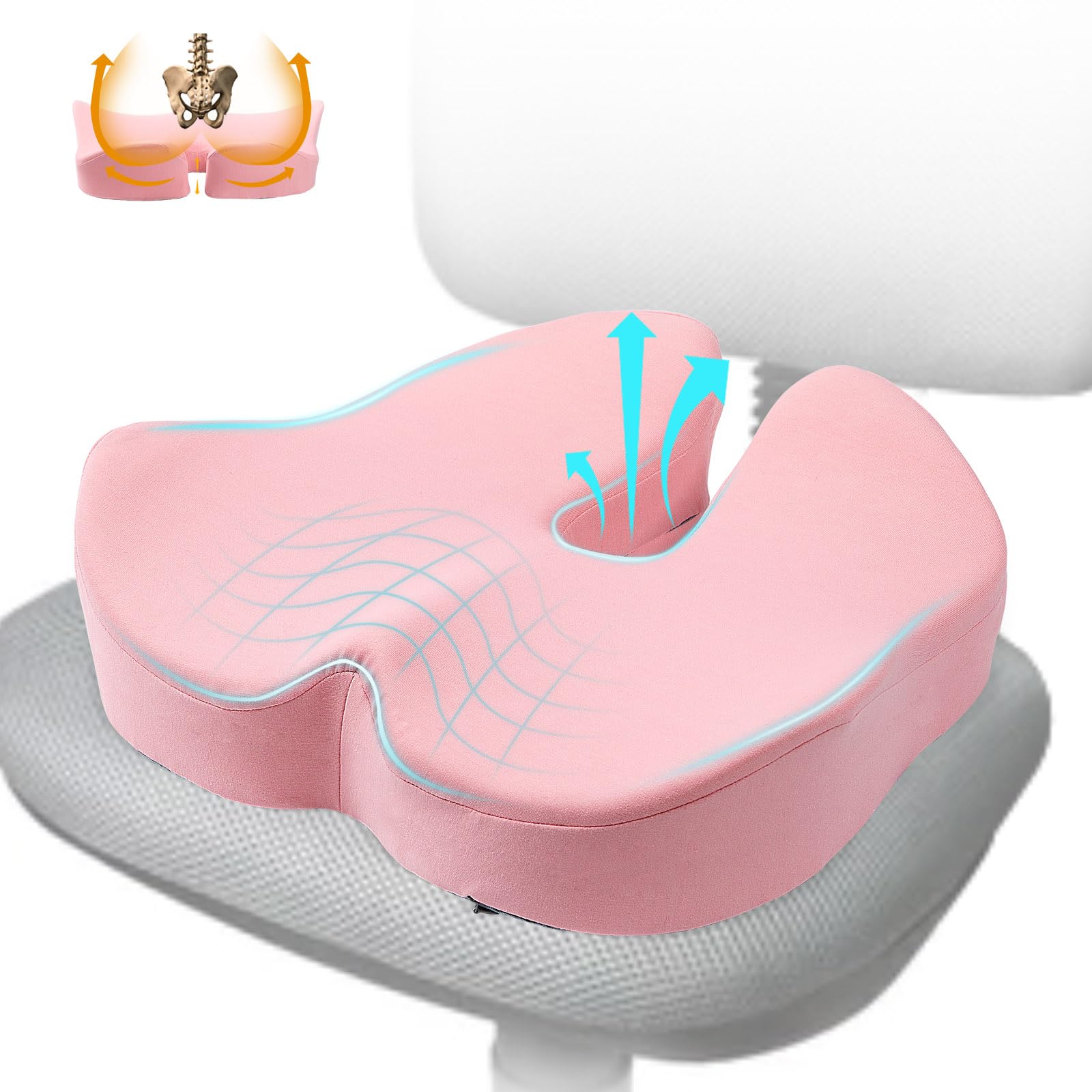 DAPOTUGI X Large Memory Foam Seat Cushion for Office Chair,for Back Support, Relief Sciatica & Tailbone Coccyx Pain Relief Cushion Pillow, for Long Sitting, for Car/Office Chair/Wheelchair (Pink)