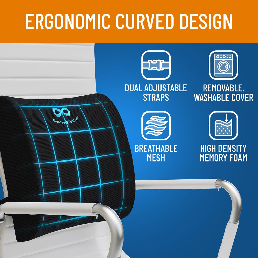 Everlasting Comfort Lumbar Support Pillow for Office Chair - Memory Foam Back Cushion for Chair, Car, Couch - Lumbar Pillow Promotes Better Posture, Back Pain Relief - Ideal for Gaming and Desk Chairs