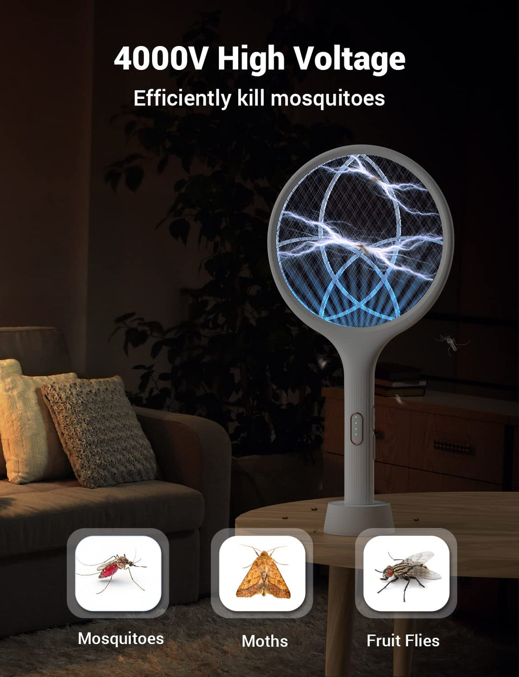 YISSVIC Electric Fly Swatter 4000V Bug Zapper Racket Dual Modes Mosquito Killer with Purple Mosquito Light Rechargeable for Indoor Home Office Backyard Patio Camping (White)