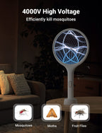 YISSVIC Electric Fly Swatter 4000V Bug Zapper Racket Dual Modes Mosquito Killer with Purple Mosquito Light Rechargeable for Indoor Home Office Backyard Patio Camping (White)